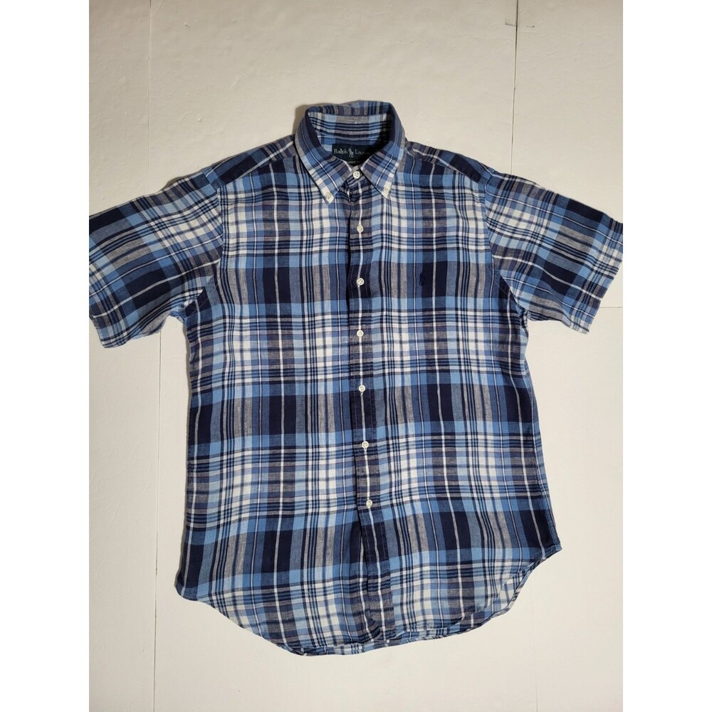 (#8) Polo By Ralph Lauren Short Sleeve Button Up Shirt Men Sz M 100% Linen Plaid